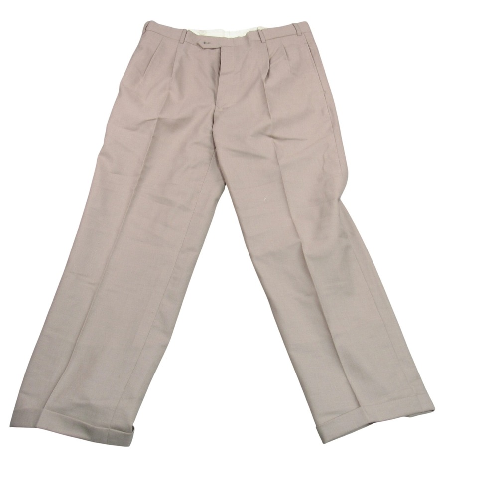 Aldo Ferrari Mens 32 Tan 100% Wool Pleated Cuffed Dress Pants Trousers Beige
